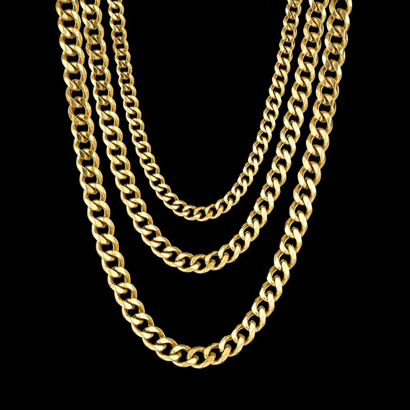 

Men's Cuban Link Chain Necklace Stainless Steel Gold Black Color Male Choker colar Jewelry, Silver color