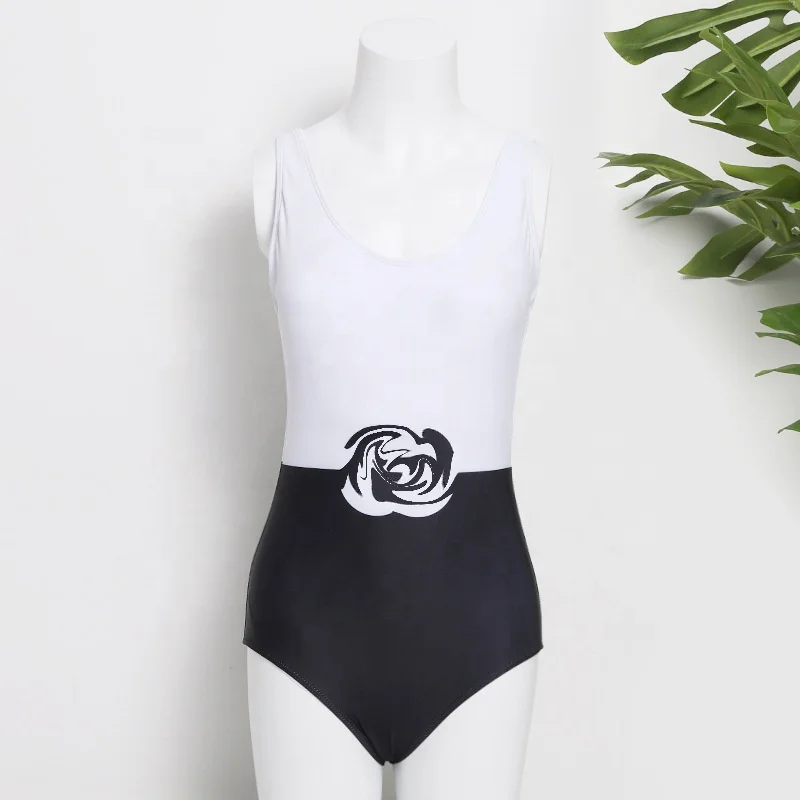 

Black White Color Matching Letter Pattern One-piece Backless Swimsuit For Ladies Swimwear Beachwear, Shown