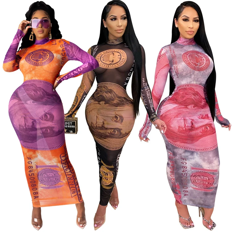 

S8702-trending fall dresses 2021 mesh sexy see through money print dress women maxi