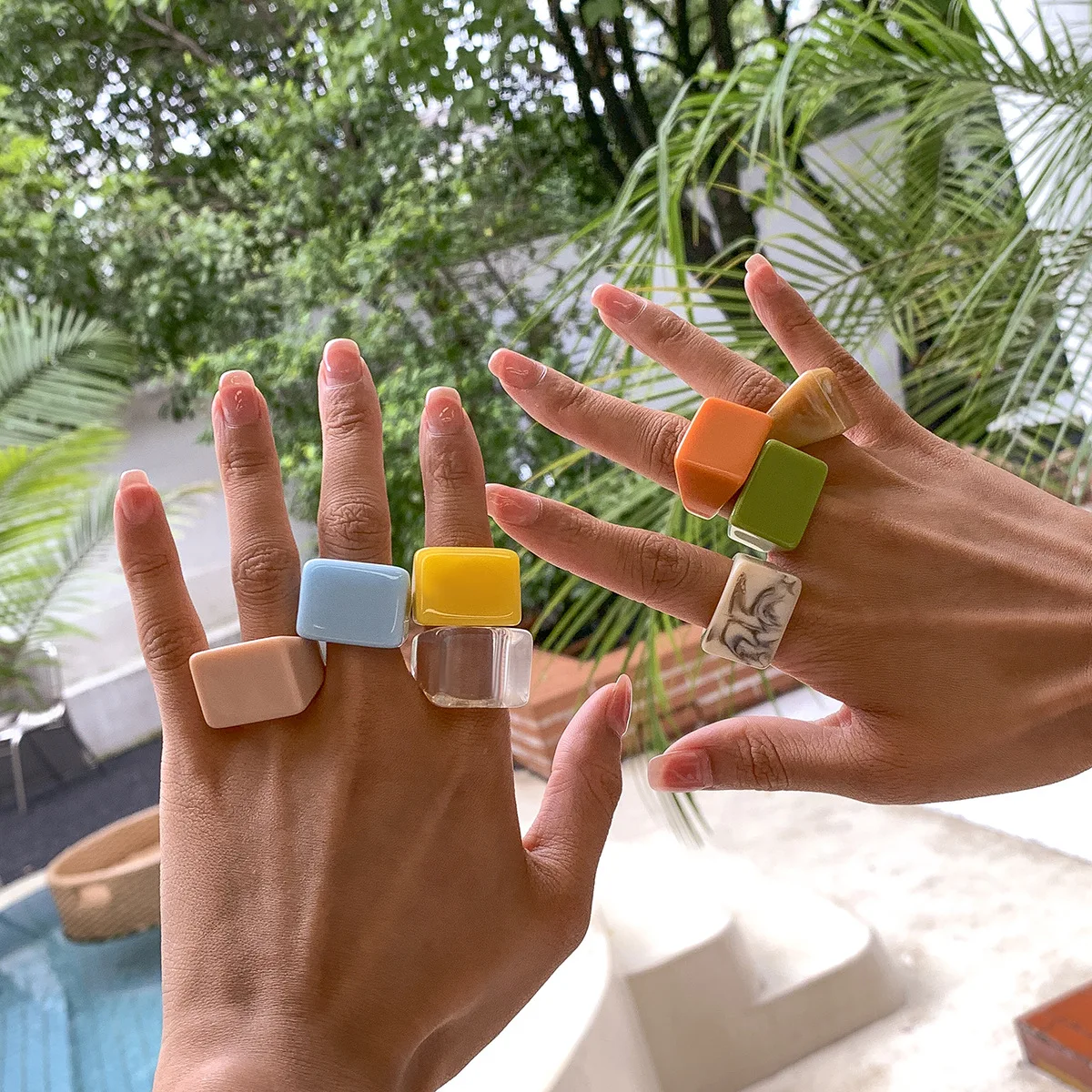 

New Arrivals Fashion Designs Personality Creative Trendy Colorful Acrylic Fashion Simple Geometric Square Wide Edge Resin Rings