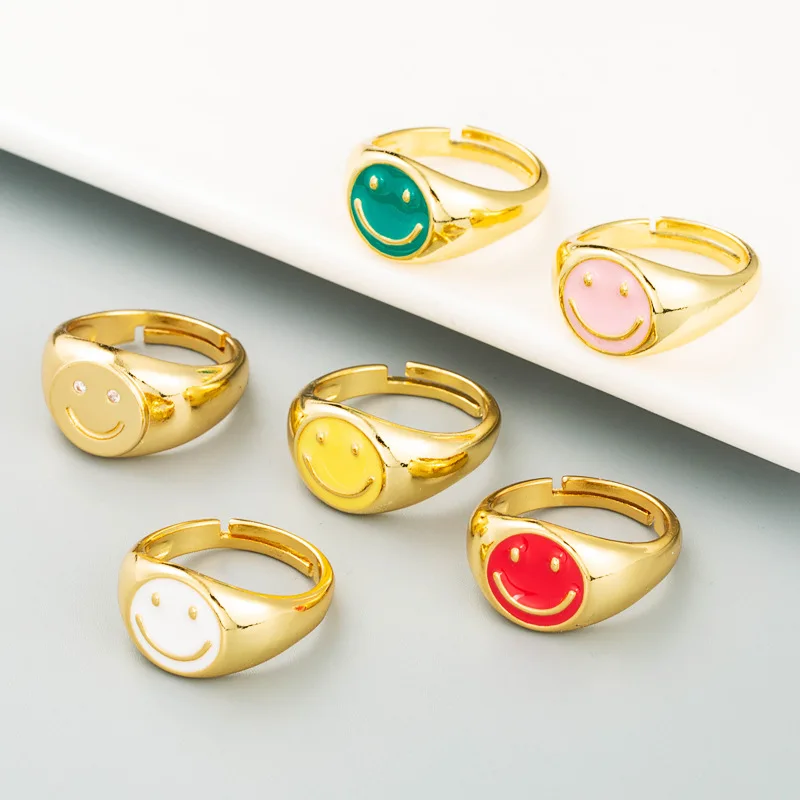 

18K Gold Plated Y2K Jewelry Colorful Smile Enamel Thick Finger Ring Women Aesthetic Accessories Drop Oil Happy Smiley Face Rings