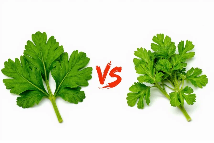 Close-up of hands holding fresh cilantro and parsley side by side for comparison