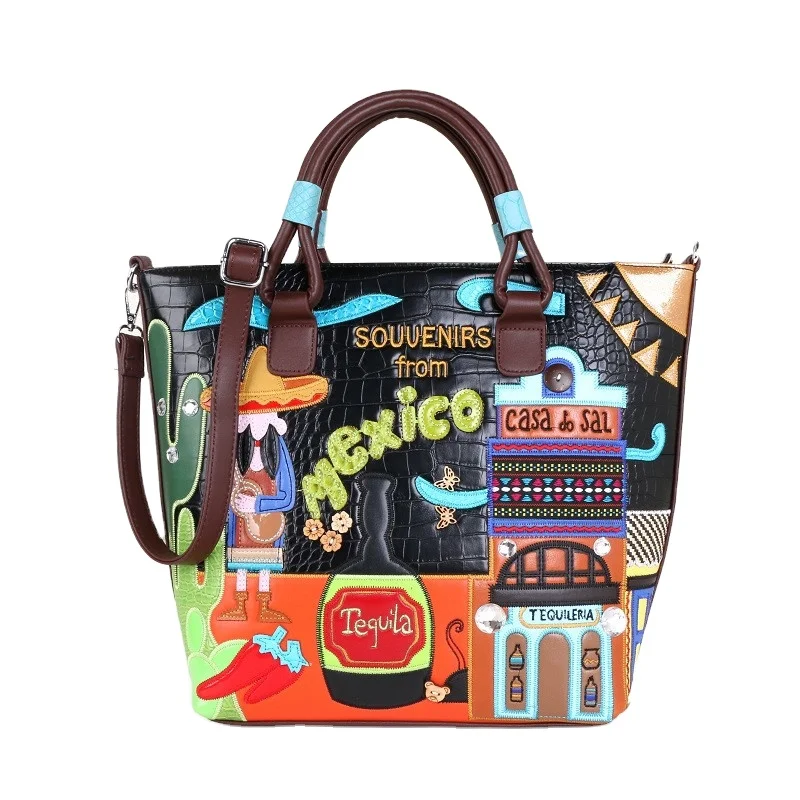 

European and American Retro Handmade Embroidery Creative Embroidery Handbag MEXICO letter stitching crocodile pattern PU
