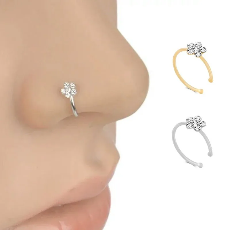 

Hongtong Nose Nail Hot Sale Piercing Jewelry Copper Silver Plated Jewelry Flower C-shaped Rhinestone Nose Ring