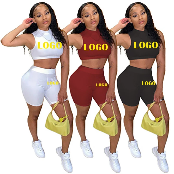 

Custom Logo Casual Solid Color Round Neck Crop Top Slim Waist Shorts Sports Summer Two Piece Biker Short Set 2021 Clothing Women, Picture