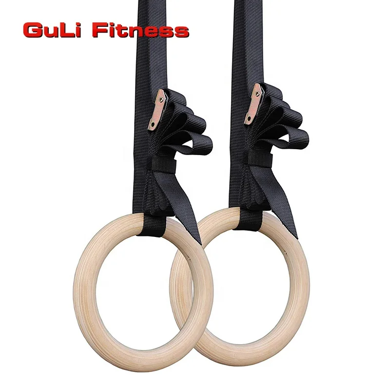 

Guli Fitness Professional Gymnastics Training Wooden Gymnastic Rings with Straps Exercise Gym Rings Fitness With Customer Logo, Log color