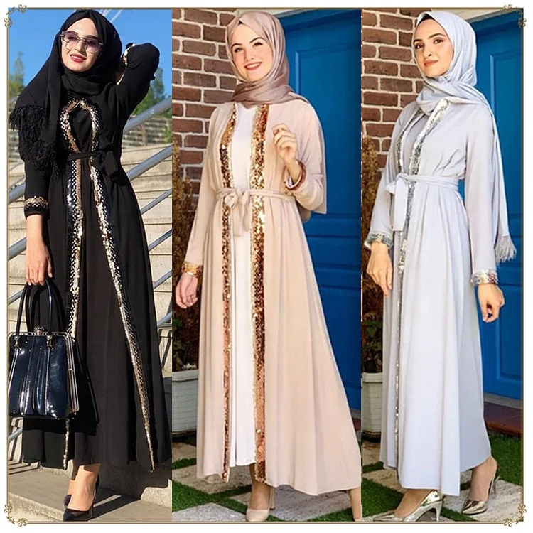 

Newest Saudi Abaya Ramadan Islamic Kaftan Robe Sequin Belt Cardigan Women Long Muslim Dress, 3 colors