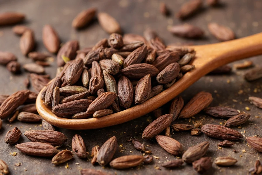Close-up of anise seeds on wooden spoon with tea leaves