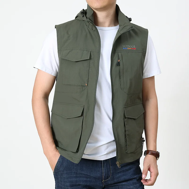 

new fashion multi pocket waist vest coat men's stand collar detachable hat loose large men's cantilevered sleeveless coat