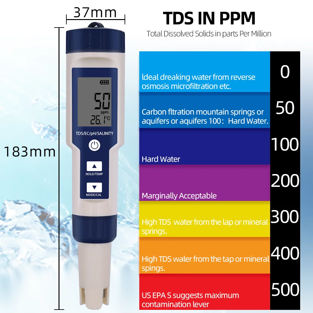 
Digital portable 5 in 1 TDS/EC/PH/Salinity/TEMP Meter Multifunctional water quality tester pen waterproof 9909-SP salinity meter 
