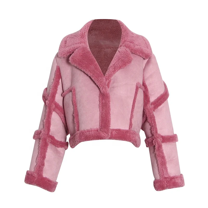 

2022 new Lapel Solid Color woman winter jacket Short Lamb Wool Coat pink furry shearling jacket women