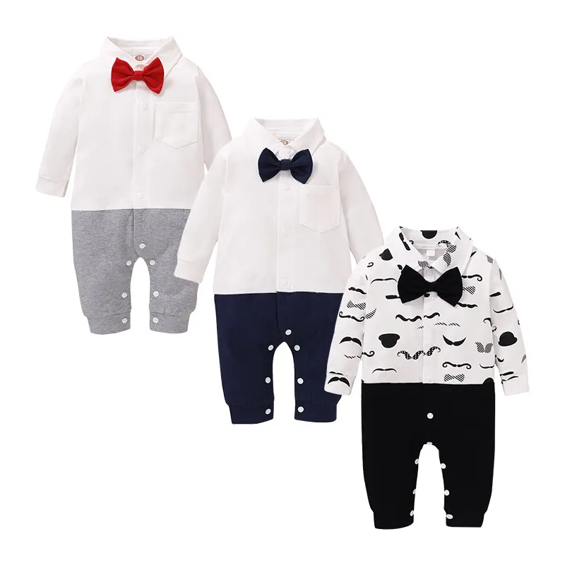 

Wholesale Gentleman Baby Boy Rompers Long sleeve with Bowtie Romper Infant Pajamas Clothes, White