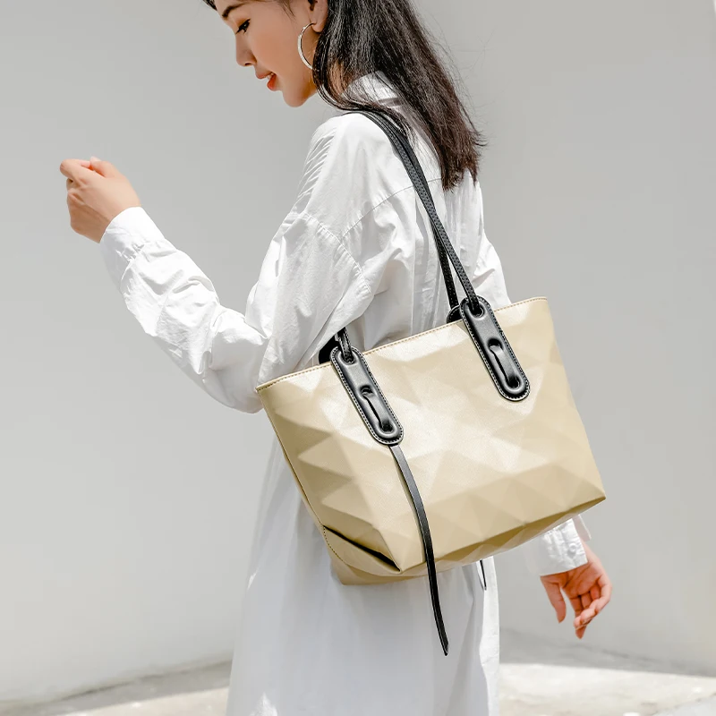 

large capacity ladies tote purse sets handbag women bag fashion office geometric pu leather hand bags sets purses 2021, Black, rice white, apricot, khaki