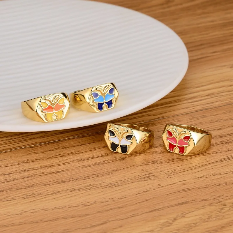 

Retro Design 18K Gold Plated Colorful Oil Drip Butterfly Rings Multi Color Enamel Butterfly Open Rings For Women Girl