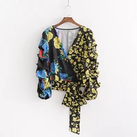 

V neck patchwork color long sleeve floral printed casual women's wrap blouse & tops