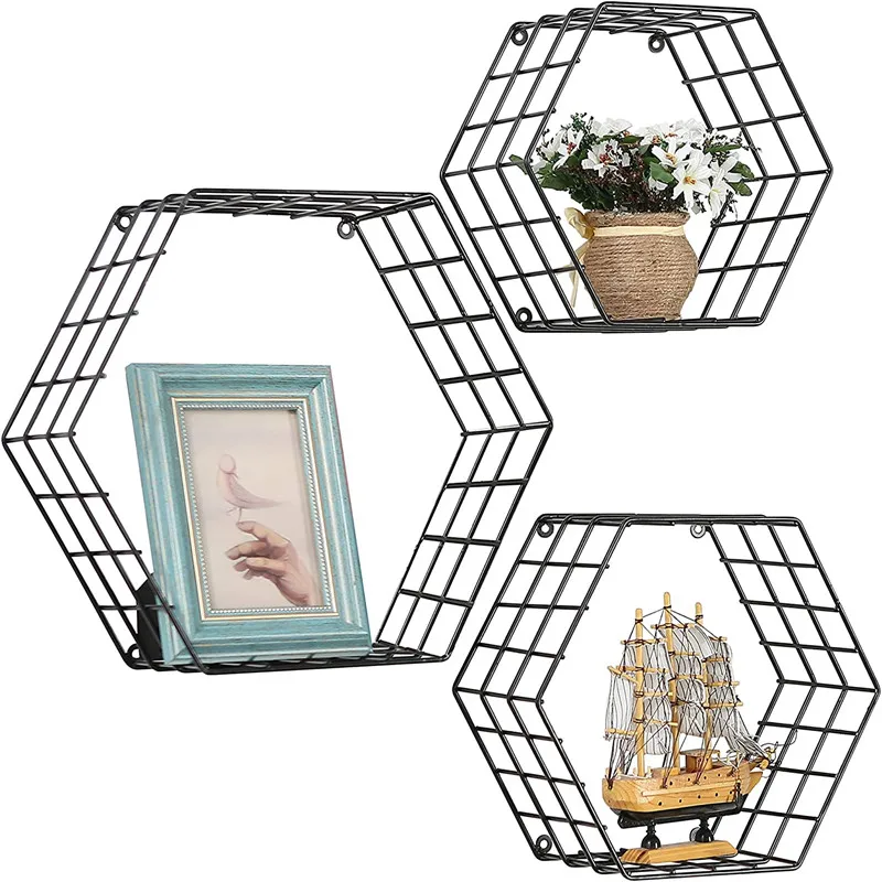 

Amazon hot selling modern wall decoration display shelf 3 piece set metal hexagon wall mount shelf, White, black, silver