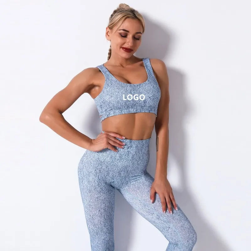 

2021 Yoga Women Printed High Waist Buttocks Stitching Stretch Two Pieces Suit With Bra And Pants, As picture