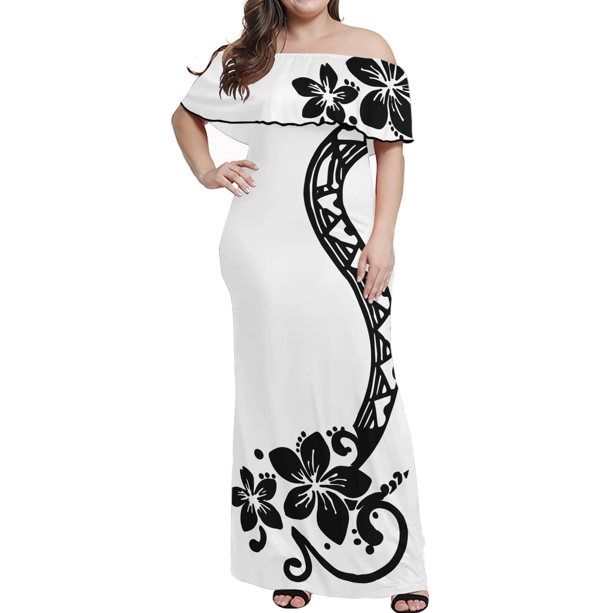

Customized Casual Women Polynesian long Dresses white dress background with black tribal prints ruffle half shoulder maxi dress, Customized color