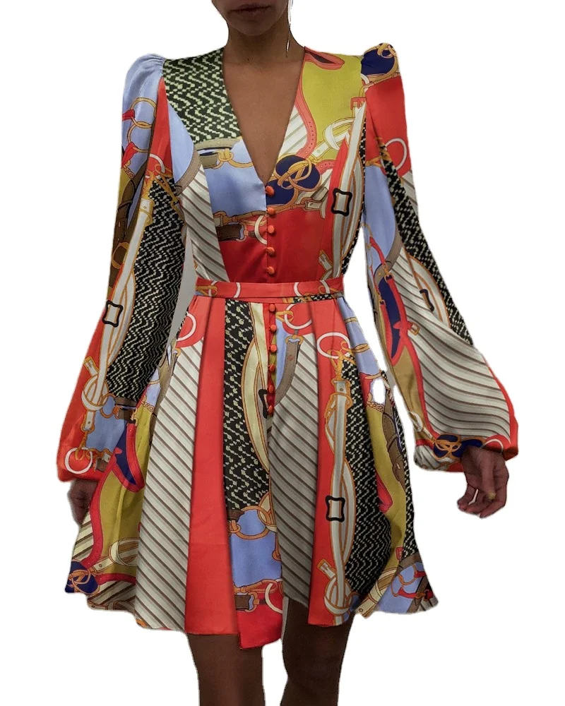 

2021 Elegant Women Button A-line Mini Dress Casual Loose V-neck Party Dress Spring Fashion Satin Solid Long Sleeve Dress