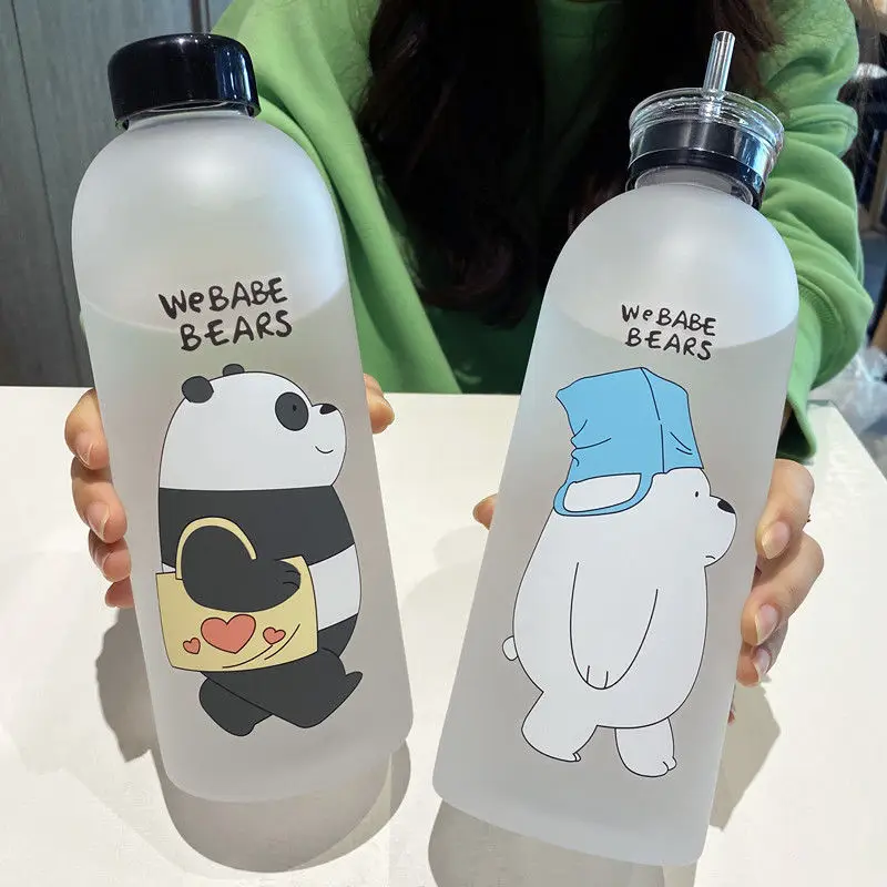 

1000ML Large Capacity Water Bottles Cute Bear Pattern Plastic Water Bottle Transparent Frosted Leak-proof Drinkware Water Cup