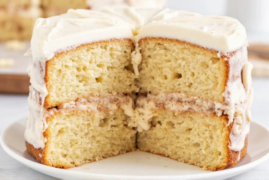 Sliced cinnamon roll cake with cake mix showing distinct swirl layers and cream cheese frosting