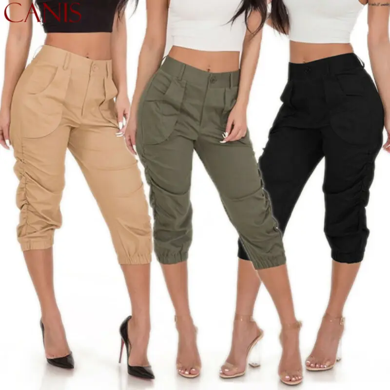 

2019 Summer Autumn Ladies 3/4 Trousers Women's Three Quarter Elasticated Waist Casual Capri Cropped Pants