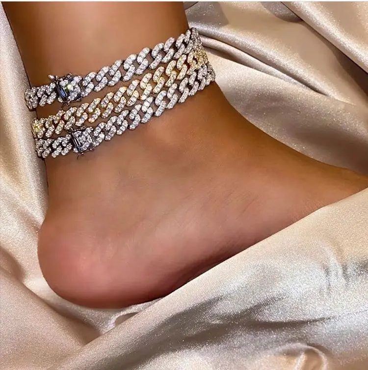 

8mm Fashion Foot Jewelry 18k Gold Plated Paved AAAAA CZ Women Iced Out Cuban Link Anklet, Picture