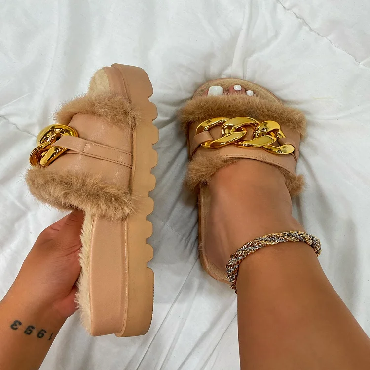 

New arrival summer outside flat sandals with the chain women platform Fashion Fur Slippers