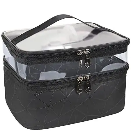 

custom Makeup Cosmetic Bags PVC PU Portable Double Layer Make up Bag