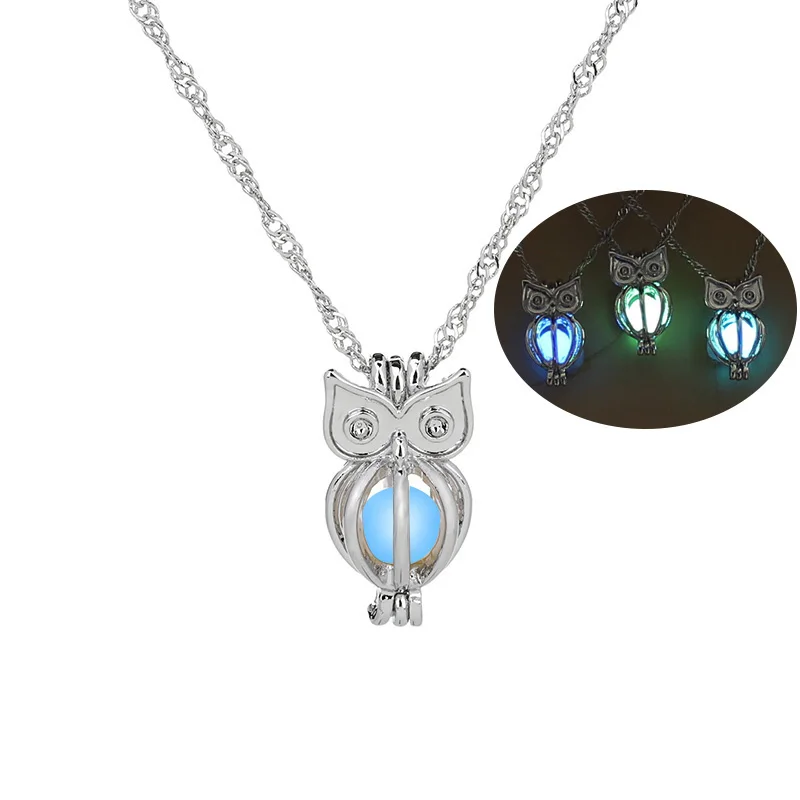 

Glow In The Dark Owl Animal Cage Locket Pendant Necklace For Women Men Fluorescent Luminous Jewelry Halloween Gift