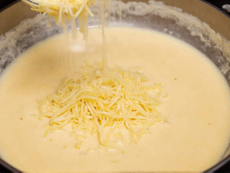 Freshly grated Parmesan cheese swirling into creamy alfredo sauce