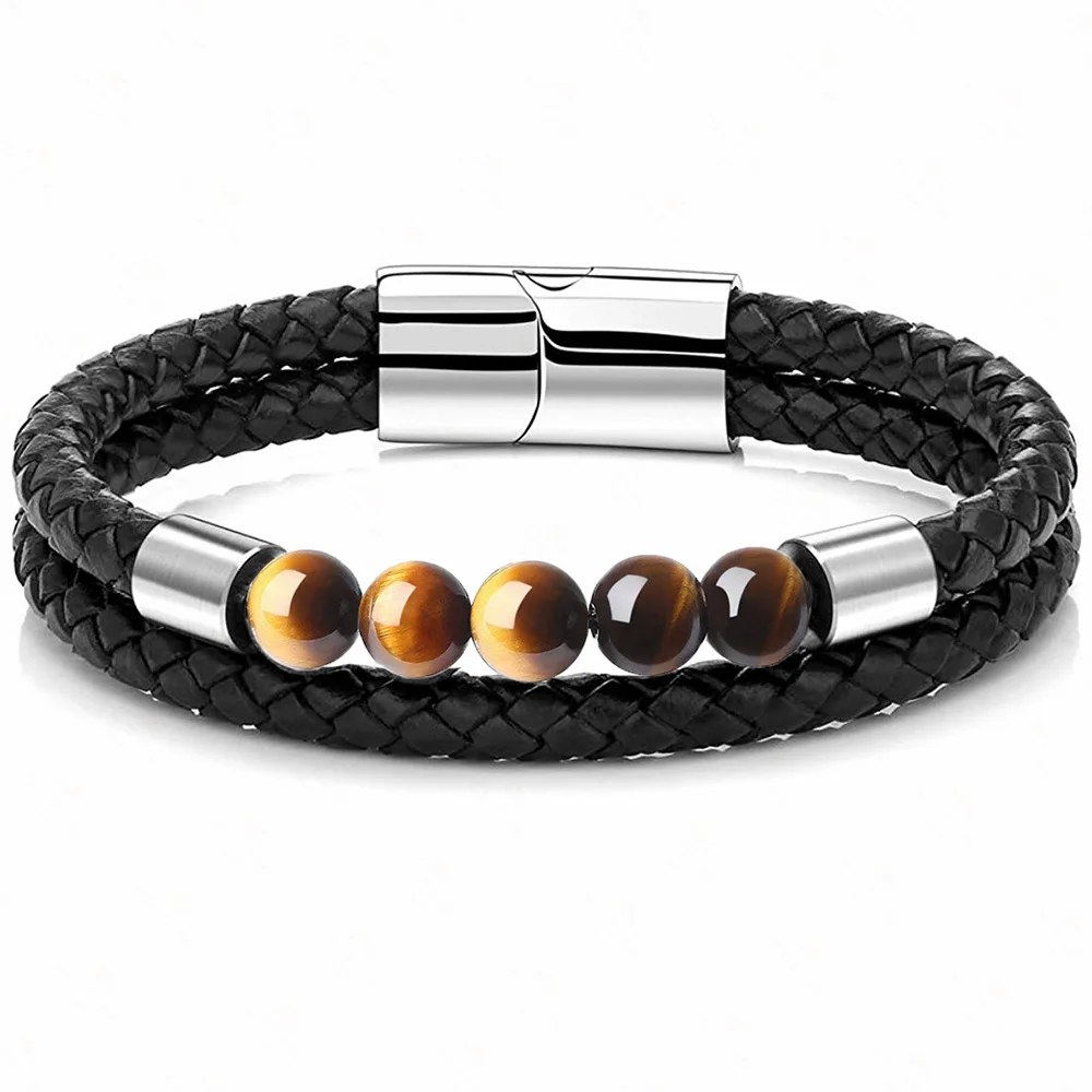 Top Sellers 2019 for Jewelry Wholesale Genuine Leather Anchor Skull Charm Natural Stone Bead Bracelet Bangle for Men Women