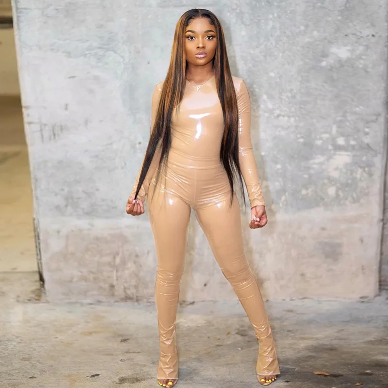 

2021 Long Sleeve Pu Leather Tshirt Top Leggings Pants Set Women Two 2 Piece Sets Streetwear Casual Tracksuit C13550