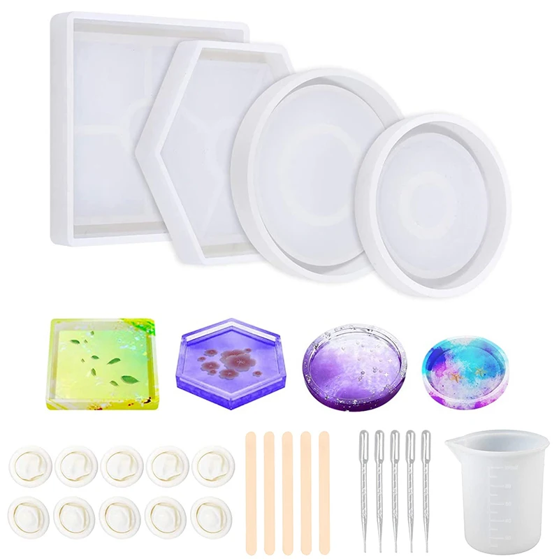 

25 PCS Amazon Hot Sale Resin Molds Set for Round Square Hexagon Coaster Ashtray DIY Home Decoration Silicone Molds Kit, White transparent