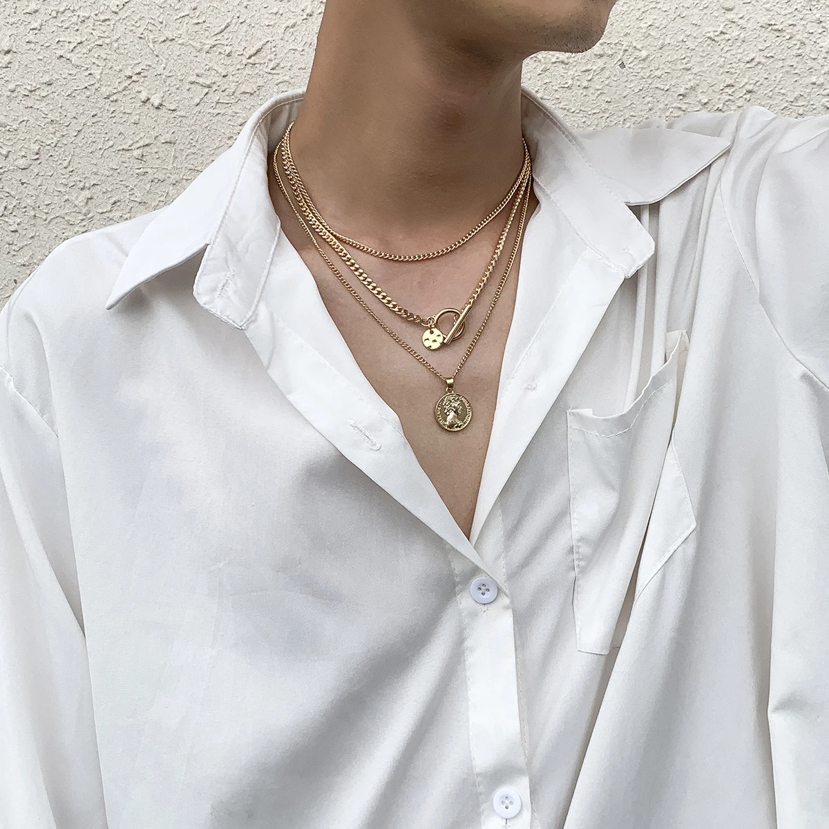 

SHIXIN Hip Hop Portrait Coin Pendant Men Necklace OT Buckle Three Layer Link Chain Necklace Fashion Gold Silver Necklace