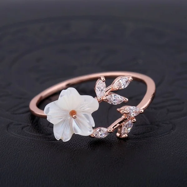 

Rose Gold Color Finger Bague Delicate Zircon Crystal Leaf Shell Flower Opening Rings For Women Ladies Girls