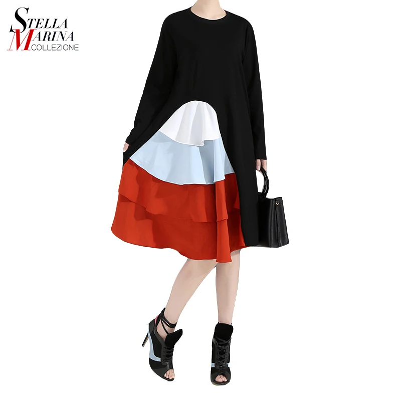 New 2019 Korean Style Women Long Sleeve Spring Dress Black Cascading Ruffles Female Casual Patchwork Party Dress Robe Femme