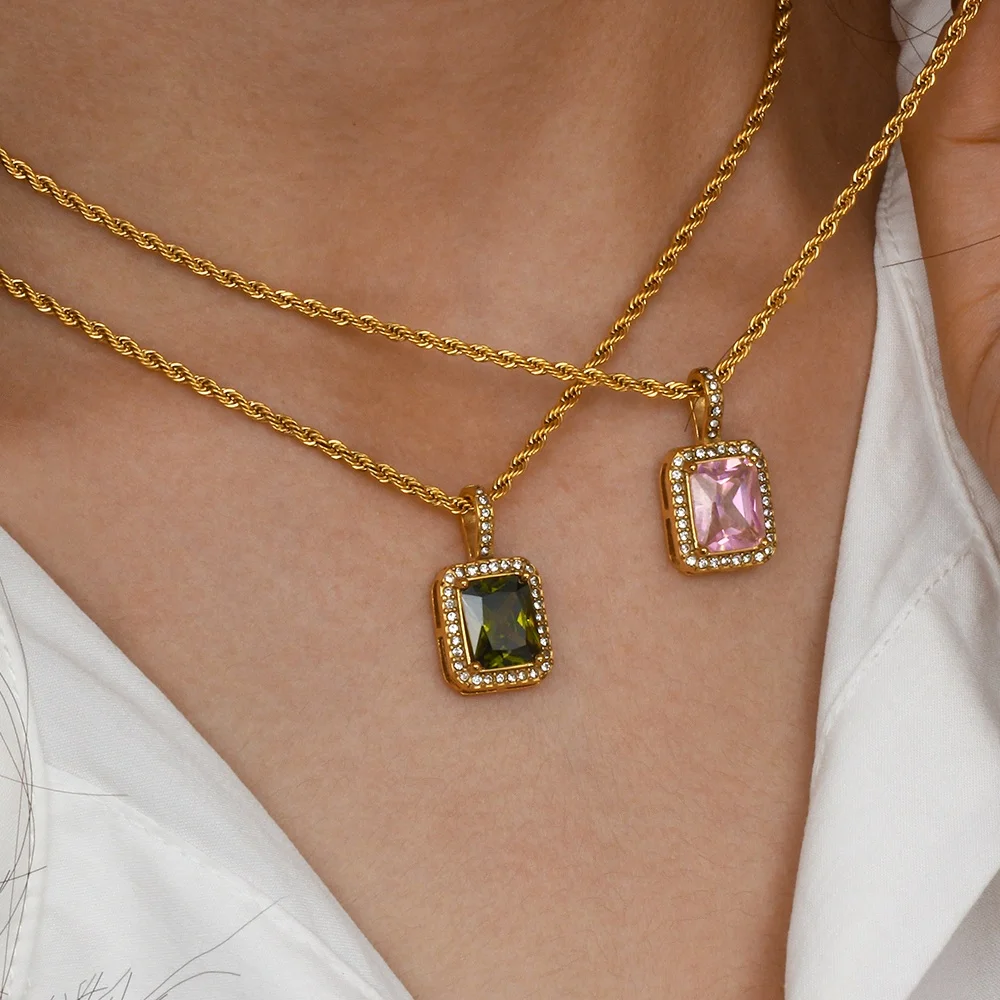 Drop Ship Square Colorful Zircon Pendant Necklace 18K Gold Plated Stainless Steel Rope Chain Necklace