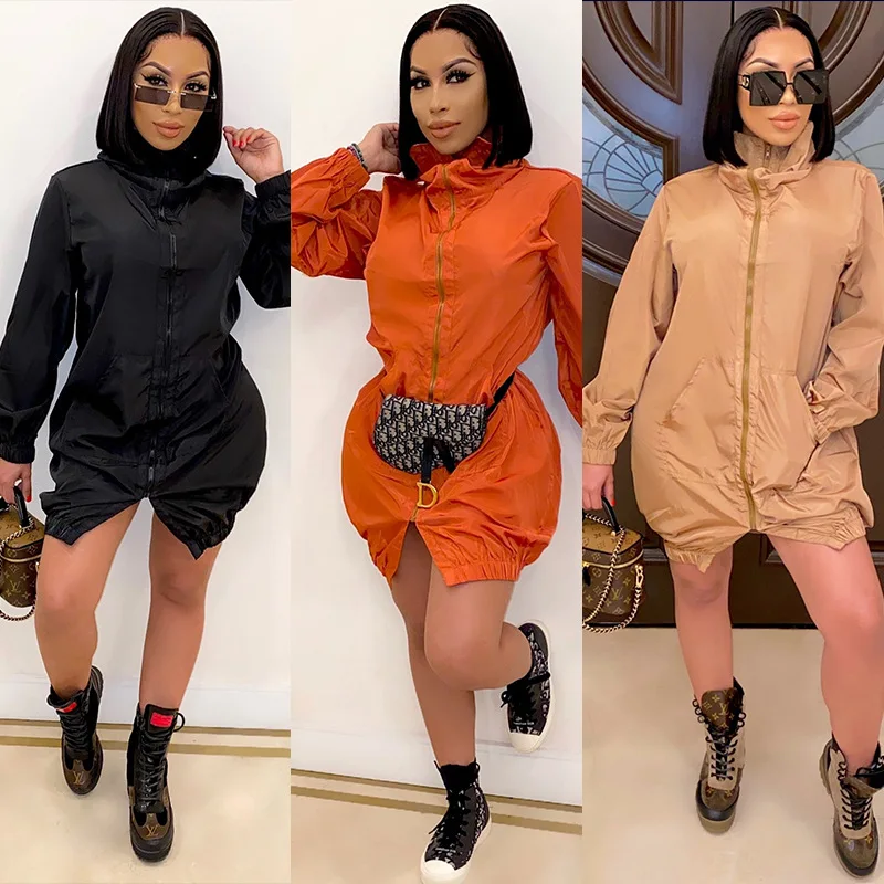 

2021 Autumn Wholesale New Skirt Fashion Casual Elegant Long Sleeve Solid Color Zipper Jacket Loose Fall Women Clothing Dress, 3 colors