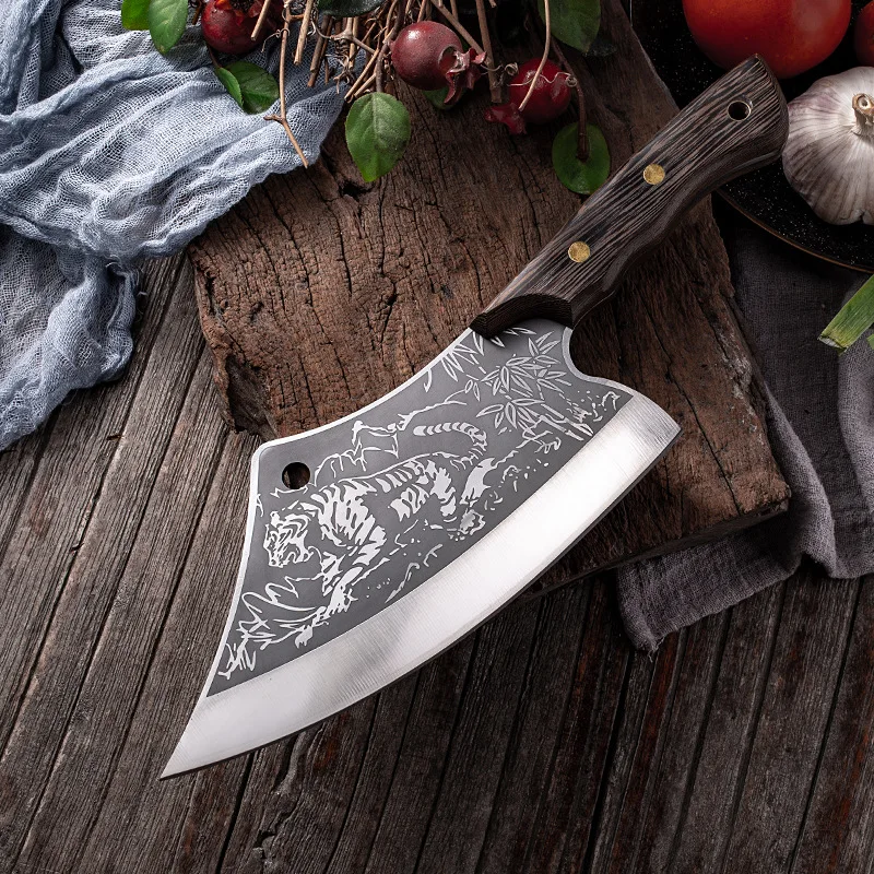 

Full Tang Handmade 7.5 inch tiger pattern meat carving cooking cleaver kitchen chinese chef choppping knife with cover sheath, Silver