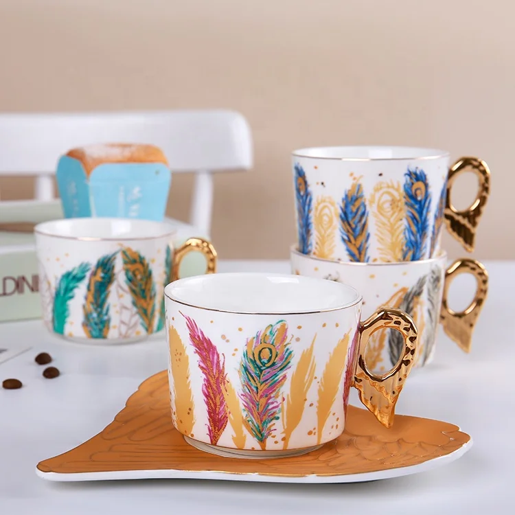 

Angel feathers ceramic Small European luxury coffee mug saucer set house tea cup