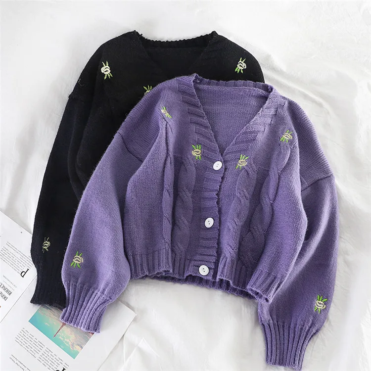 

Spring and Autumn V-neck Lantern Sleeve Embroidery Hollow Flowers Gentle Cute Cardigan Women's Knit Fashion Loose Sweater, As picture