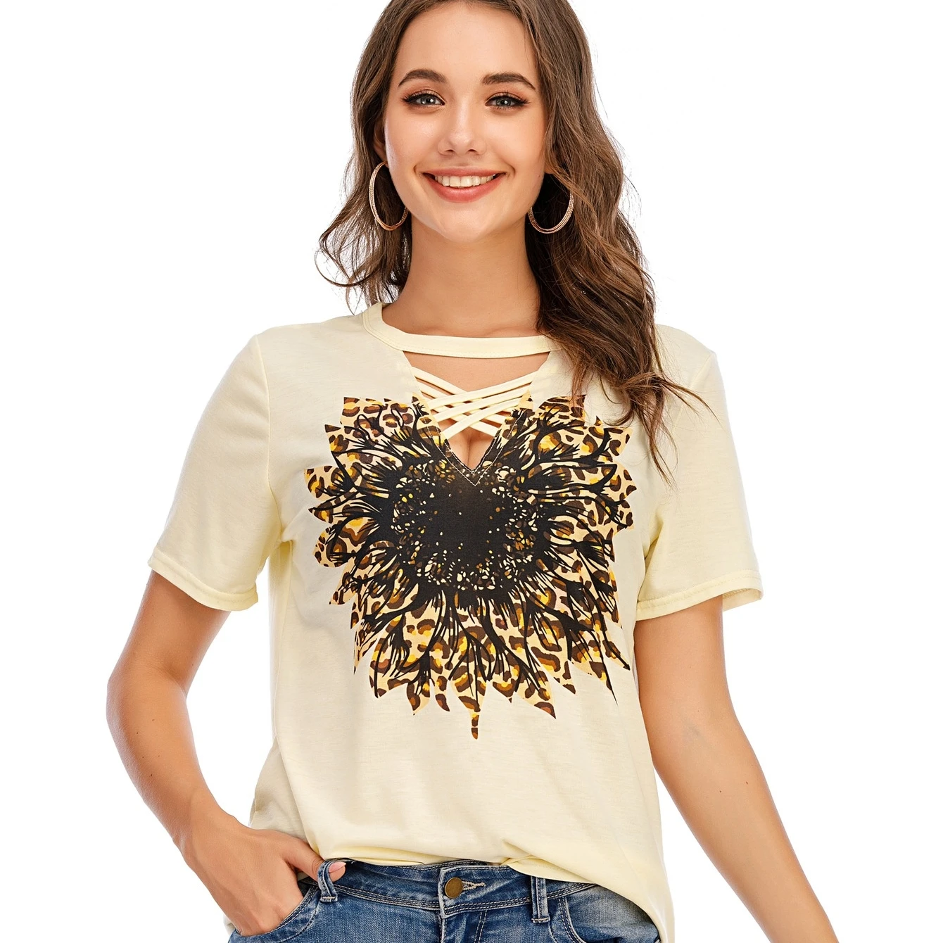 

OEM Summer Hot Sexy Women Wholesale Cross V Neck Tie-dye Loose Sunflower T Shirt for Daily Life, 4 colors
