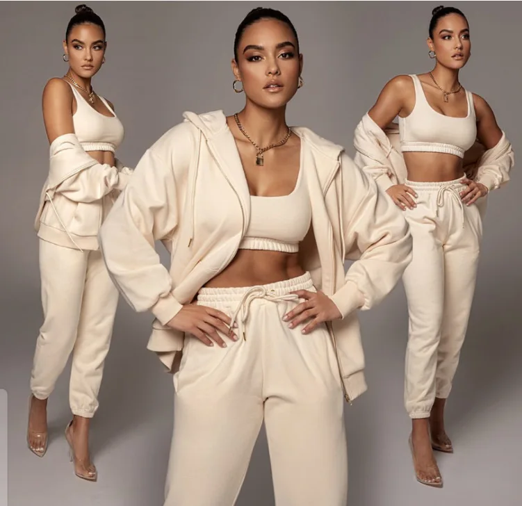 

wholesale custom logo modest full zip plain hoodies & sweatshirts & jaket tudung pria women jogger&tank top cotton 3 pieces sets, Pictuer's showing