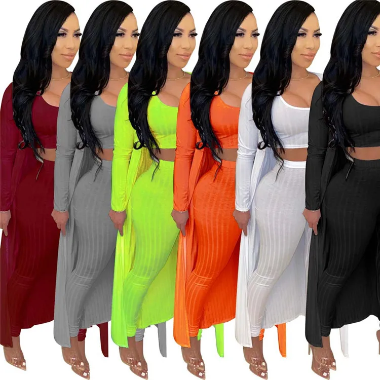 

Sexy Ladies 3 PCS Matching Outfit Solid Color Ribbed Lounge wear Spring Women Three Piece Set, Picture