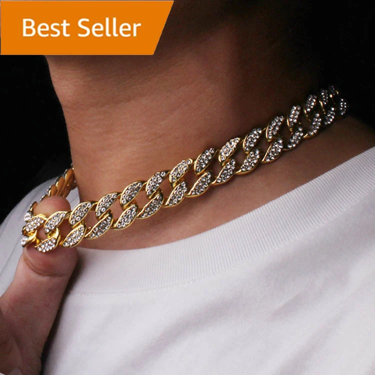 

18k Gold Silver CZ Buckle Rhinestone Iced Out Miami Cuban Chain Hip Hop Men's Rapper Necklace