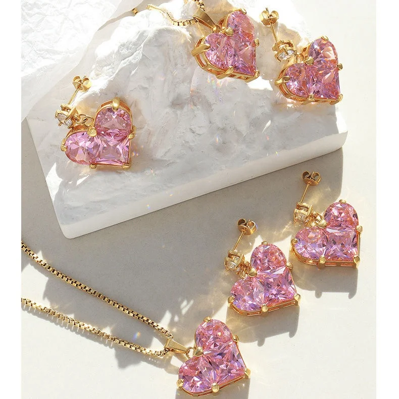 

Luxury Romantic Gemstone Jewelry Love Heart Earrings Women Stainless Steel Shiny Cubic Zircon Pendant CZ Diamond Heart Necklace