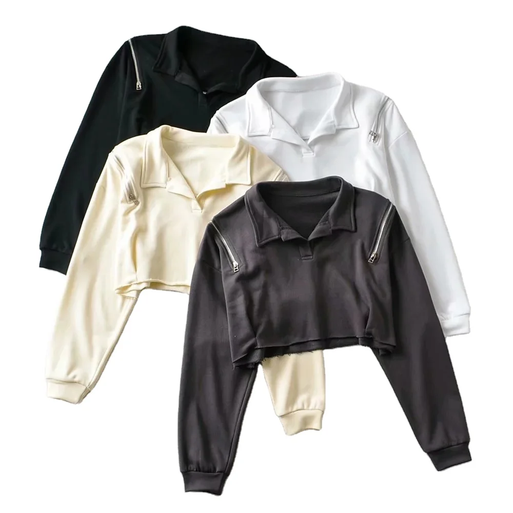 

New women's top fashion solid color zipper lapel loose casual sweater top hoodies, Picture shows