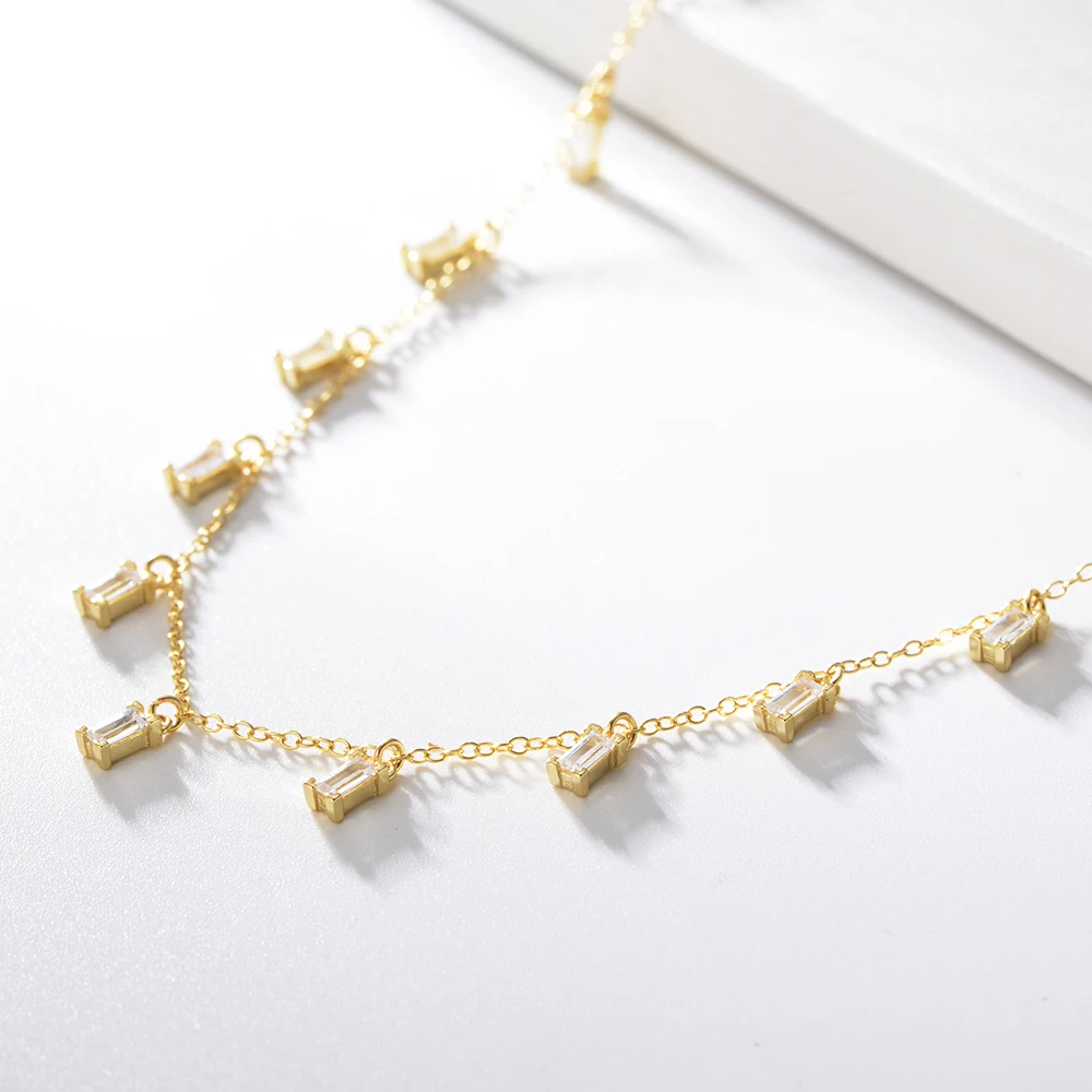 LN0620  925 Sterling Silver Gold Rectangle Shape Zirconia  Necklace for Women