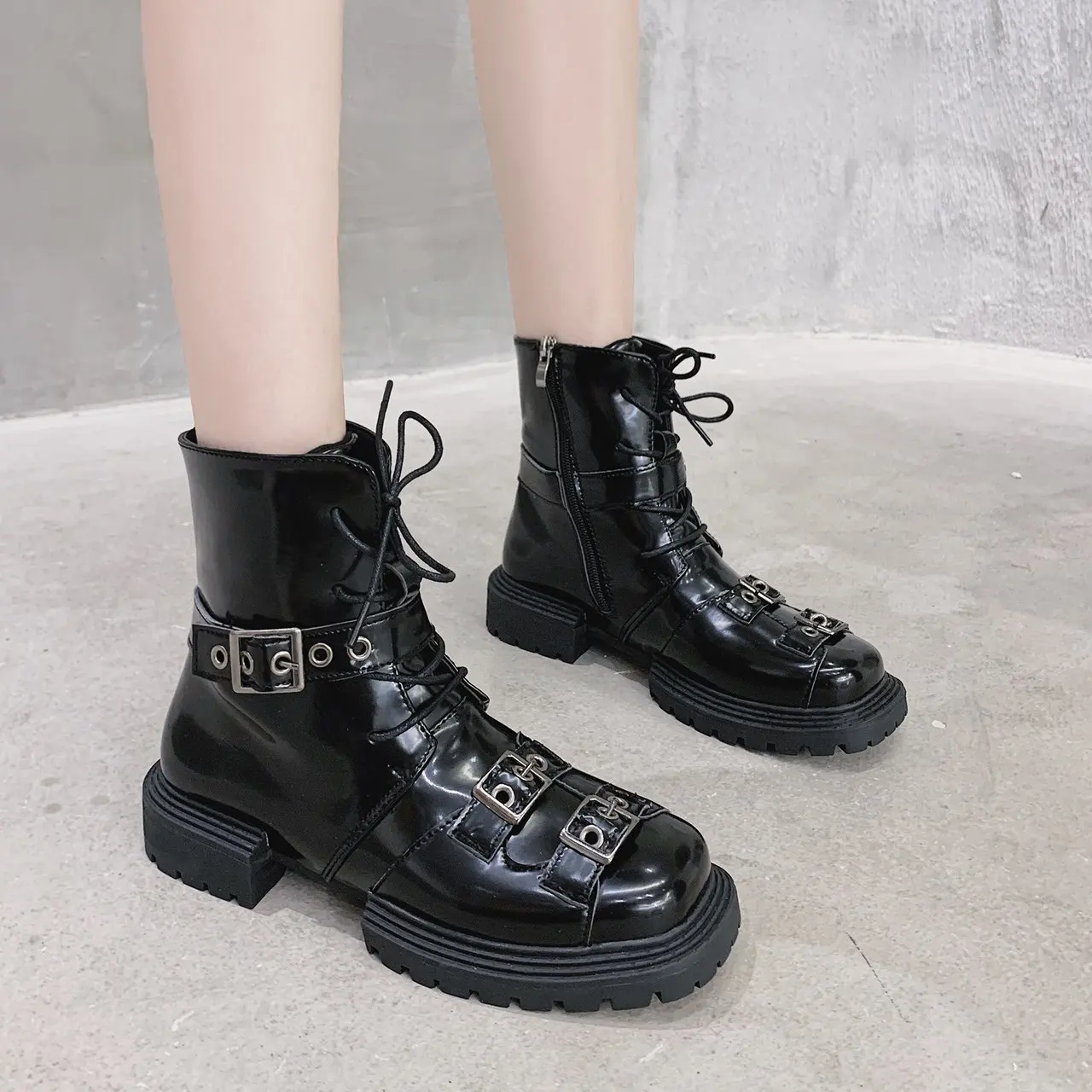 

Western Ladies Pointed Toe Army Military Boots Women Girl Black Platform Chunky Boots